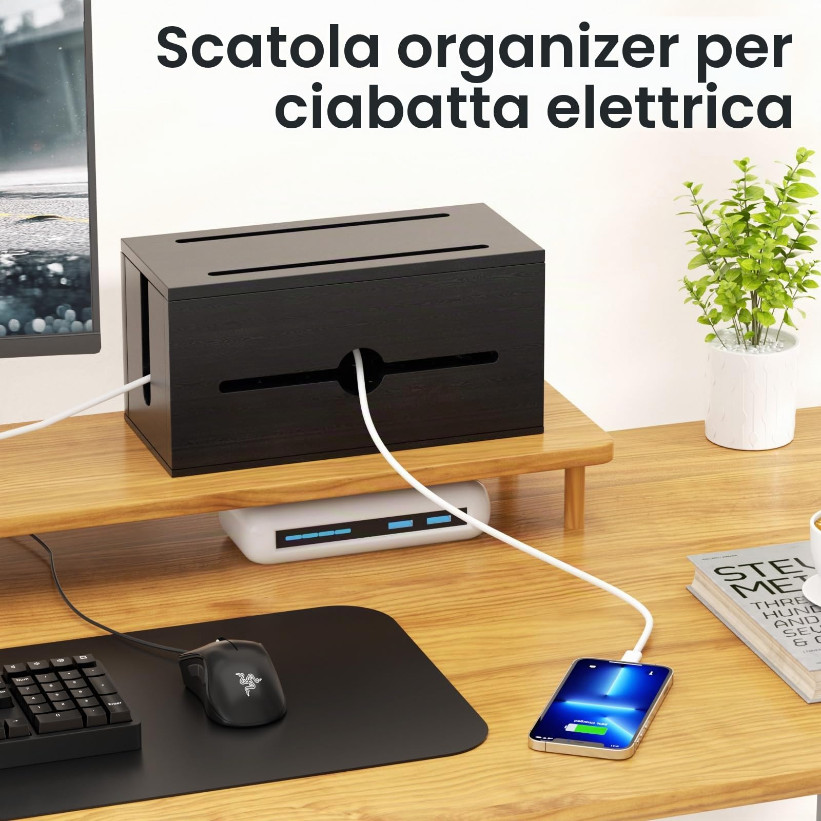 Scatola per cavi in legno con ciabatta multipresa, stazione di ricarica organizer con 8 prese, 4 USB e 1 ricarica rapida di tipo C, protezione da sovratensione con cavo di prolunga da 200 cm, per