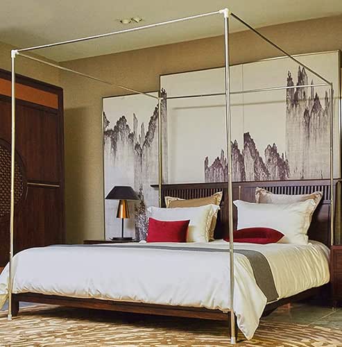 Mengersi Silver Canopy Bed Frame - Full Size, Stainless Steel,