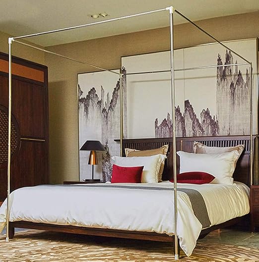Mengersi Silver Canopy Bed Frame - Full Size, Stainless Steel, Four Corner, Mosquito Net, Fit for Metal & Wood Beds