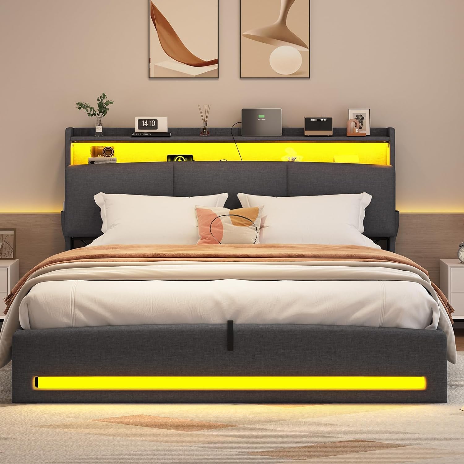 AGOLLATI Letto Contenitore Matrimoniale, Letto 140x190 cm con Illuminazione LED e Stazione di Ricarica, Letto Matrimoniale con Sollevamento Idraulico, Testiera Imbottita con Contenitore, Grigio Scuro
