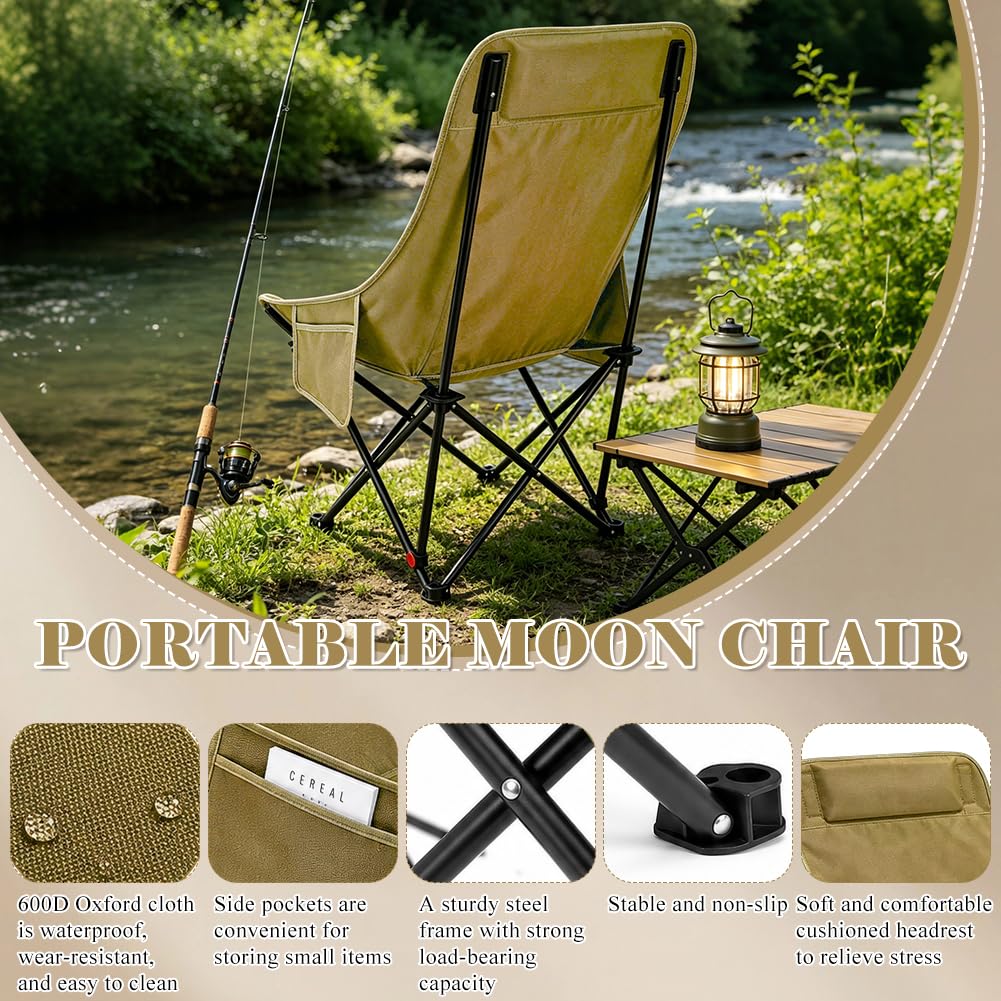 Silla de camping plegable con respaldo alto, 150 kg, silla plegable ligera con bolsillos laterales, respaldo portátil, silla de camping, silla de pesca, silla plegable para exteriores, senderismo