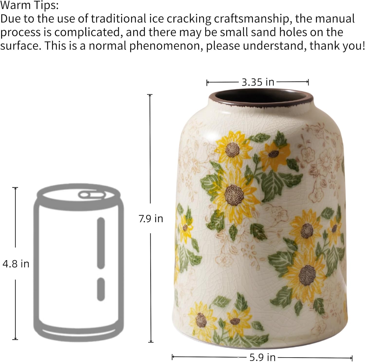 Yellow Sunflower Floral Ceramic Vase, 7.9 Inch Chinoiserie Modern Aesthetic Rustic Large Vases for Centerpieces Dining Table Kitchen Entryway Coffee and Shelf Home Décor