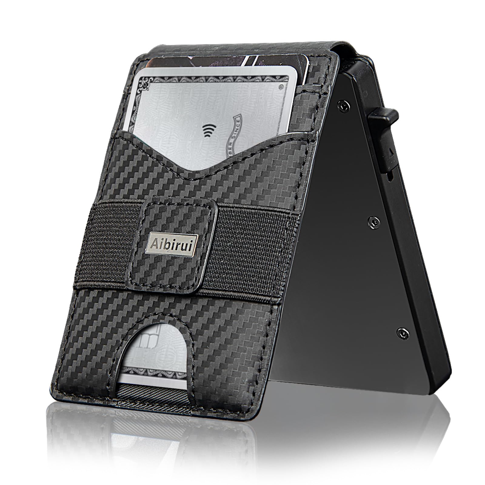 Aibirui Slim Wallet Herren mit Pop-Up & RFID Schutz, 12 Kartenfächer, Geldklammer & Ausweisfenster, Ultradünnes Kartenetui aus Aluminium & Leder (Grau)
