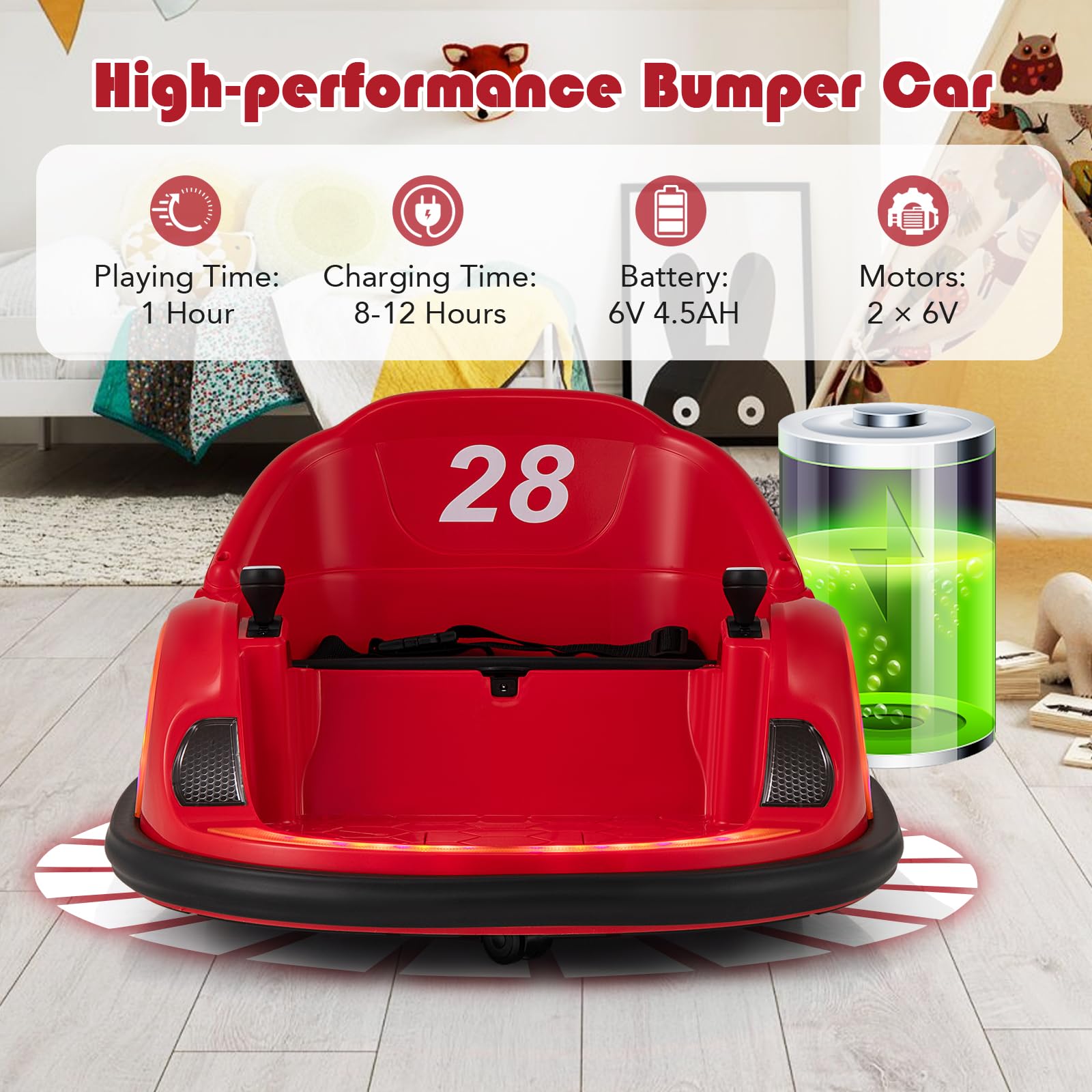 Coche De Choque SOARS 6V Para Niños – Giratorio 360°, Con Mando A Distancia 2.4G, Luces Y Música, Ideal De 18 Meses En Adelante (Rojo)