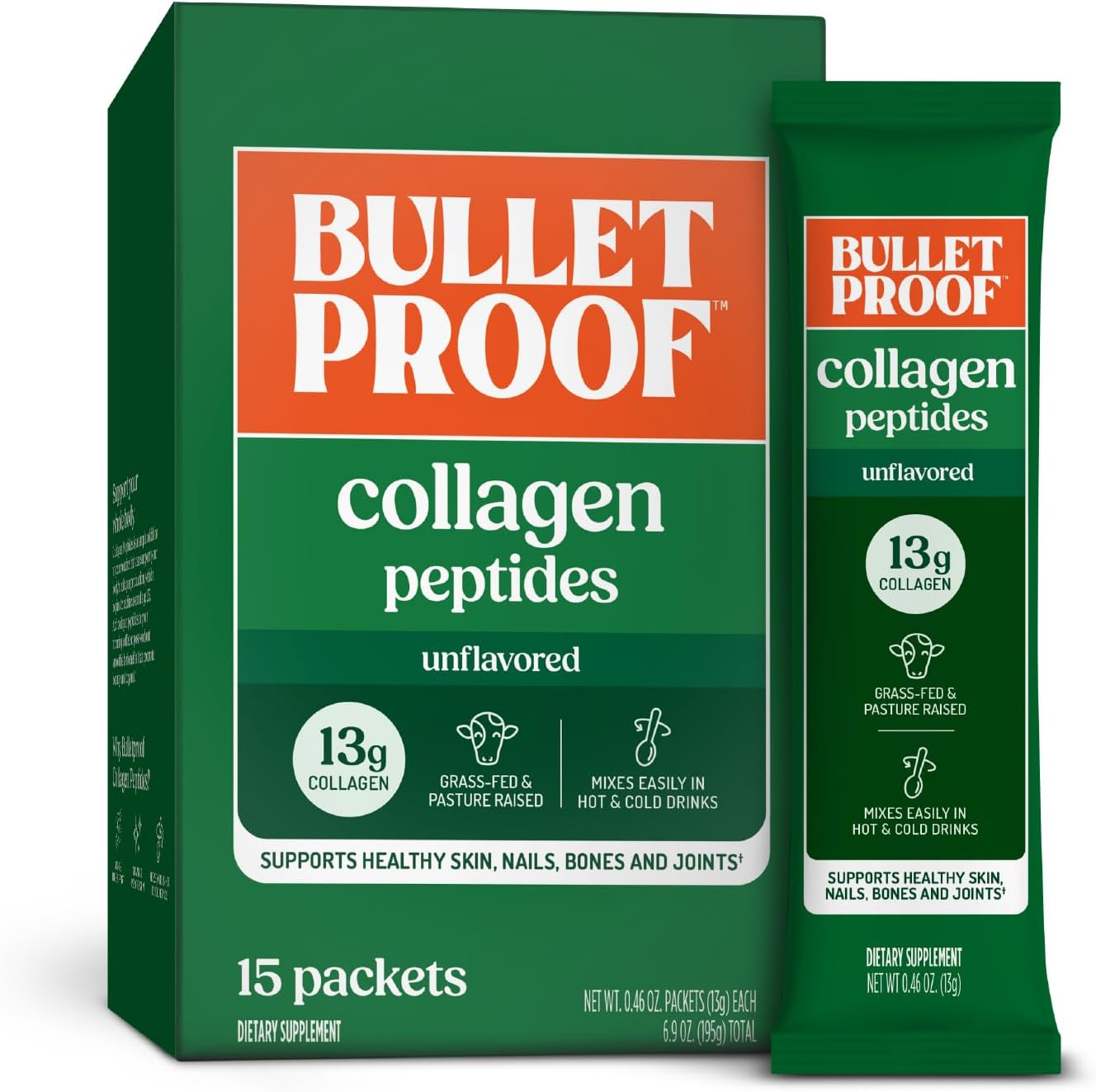 Unflavored Collagen Protein Powder Packets, Pack of 15, Grass-Fed Collagen Peptides and Amino Acids for Healthy Skin, Bones and Joints