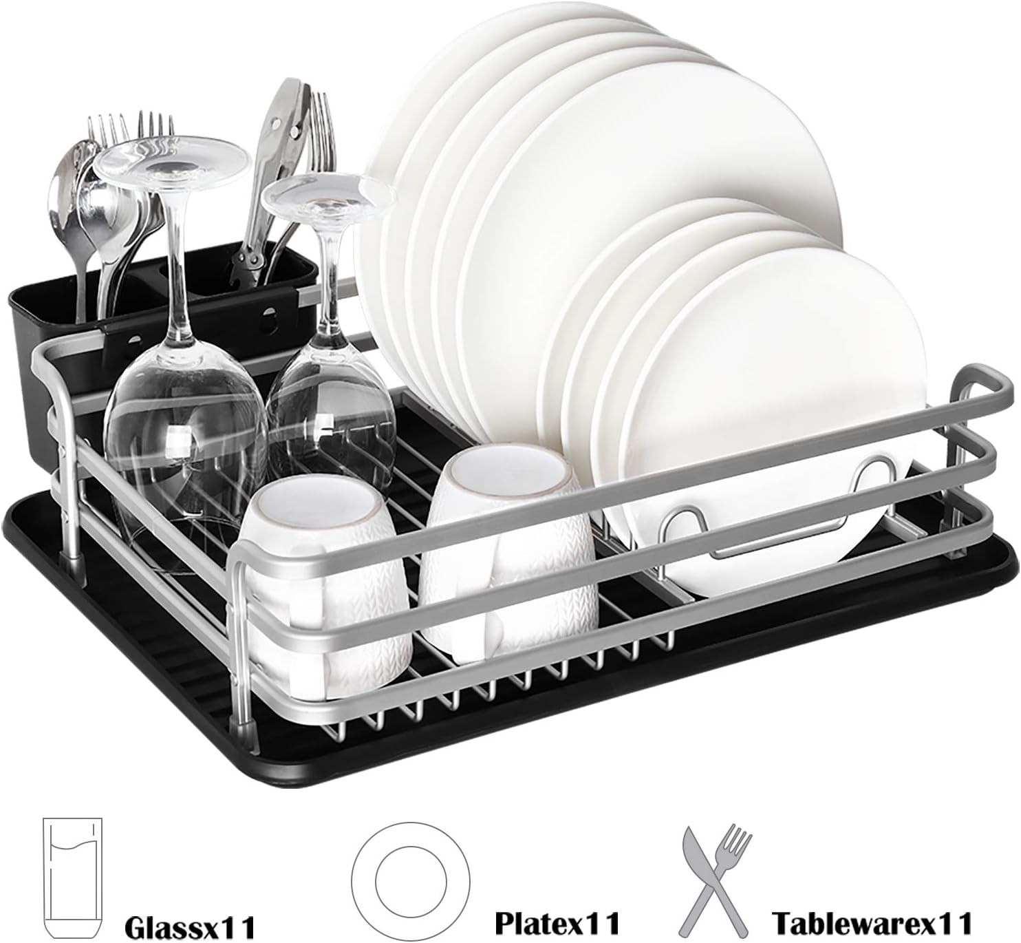 MOOACE Aluminum Dish Drying Rack, Counter Rustproof Dish Storage with Cutlery Holder, Removable Drainer Tray, Silver