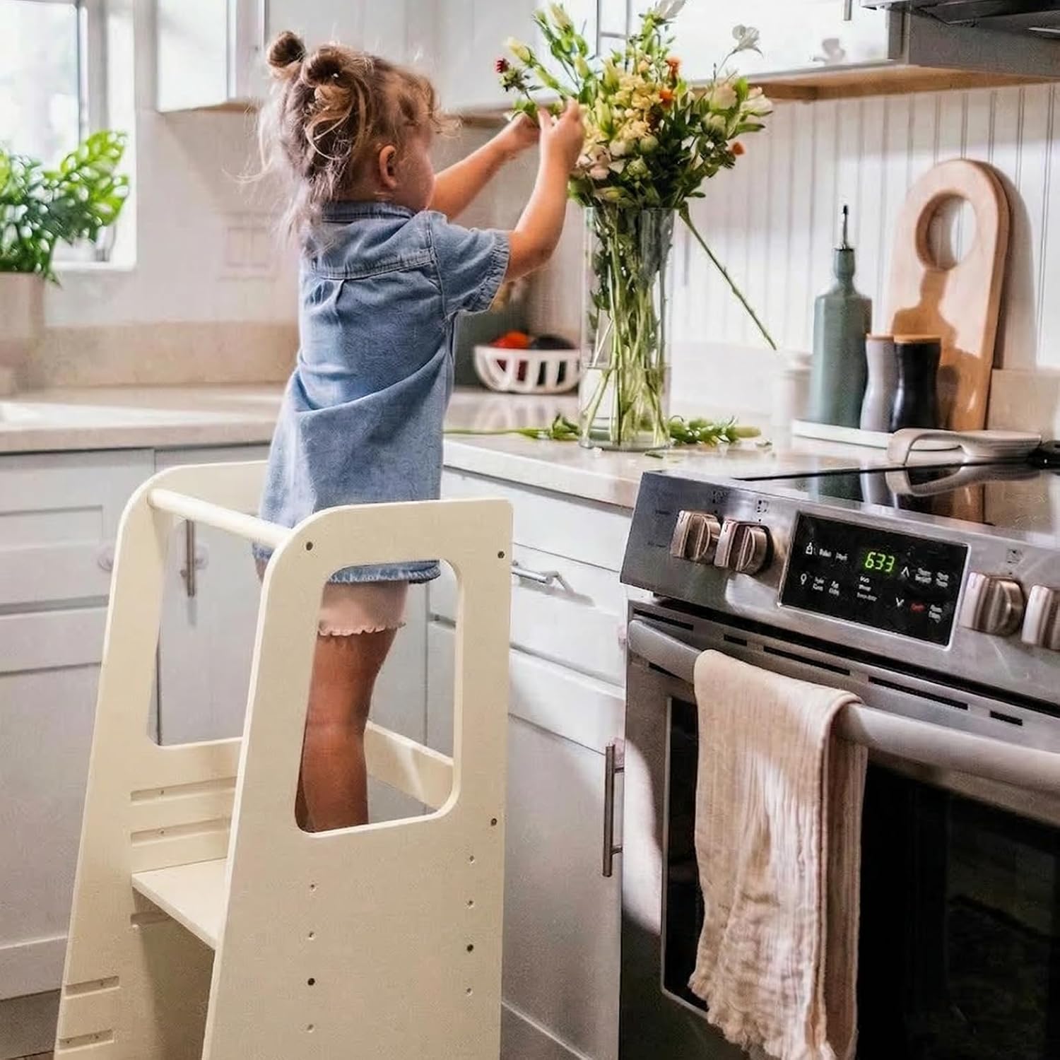 dadada Baby Montessori Toddler Tower - Adjustable Kitchen Step Stool for Kids with Safety Rail - Baby-Safe Finish, Encourages Cooking Skills and Independence - Almond Milk