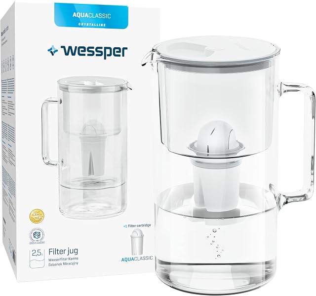 Wessper Glass Water Filter Jug, Incl. 1 Filter Cartridge Aquaclassic Filter| Reduces Lime & Chlorine And Eliminates Plastic Microparticles 2.5 Litre White