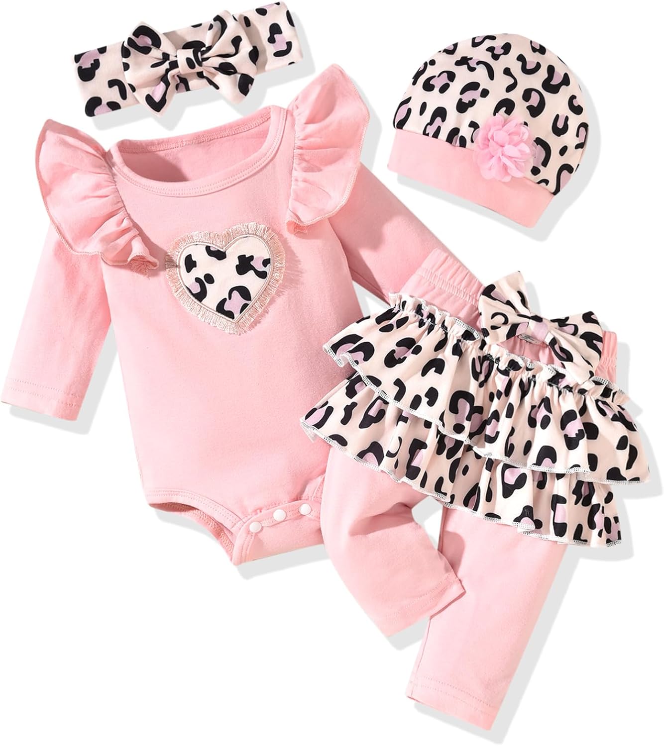 fioukiay Newborn Baby Girl Clothes Infant Girls Floral Love Printed Romper and Ruffle Pants Sets 4pcs Winter Fall Outfits