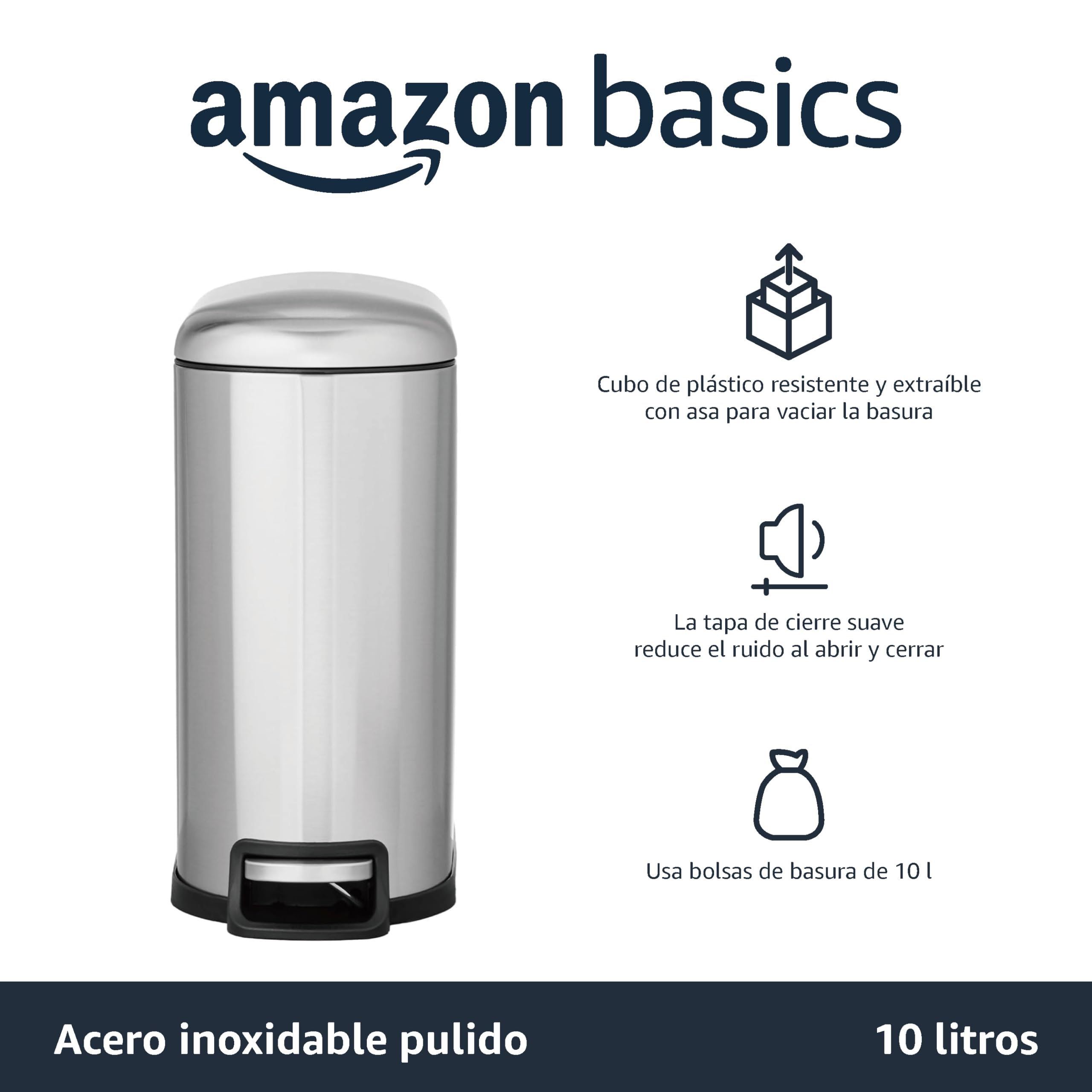 Amazon Basics Bote de basura pequeño en forma de D resistente a las manchas, pedal de cierre suave, para baño, recámara o sala, forma delgada para espacio estrecho, 10 l, acero inoxidable cepillado