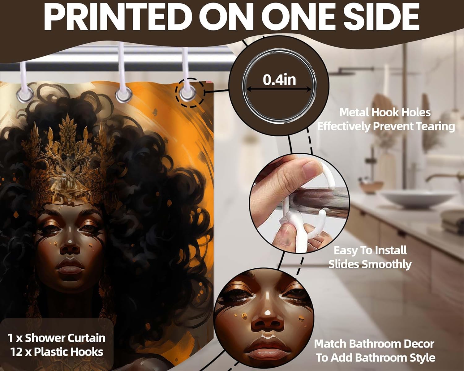Black Woman Shower Curtain, Black Girl Shower Curtains for Bathroom Decor African American Afrocentric Black Art Bath Curtain Set, Waterproof Fabric with Hooks (70''W x 84''L)