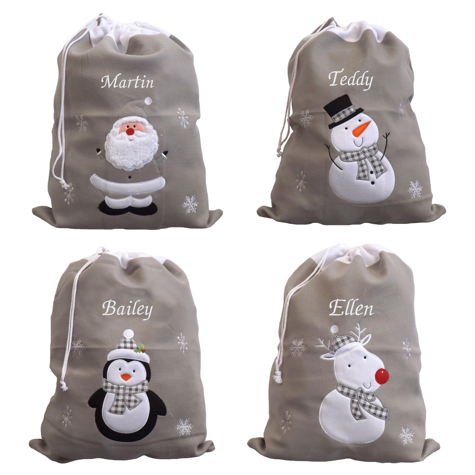 vm bespoke Personalised Embroidered Christmas Xmas Silver Character Santa Sacks - Santa, Snowman, Reindeer or Penguin with Custom Name (Penguin)