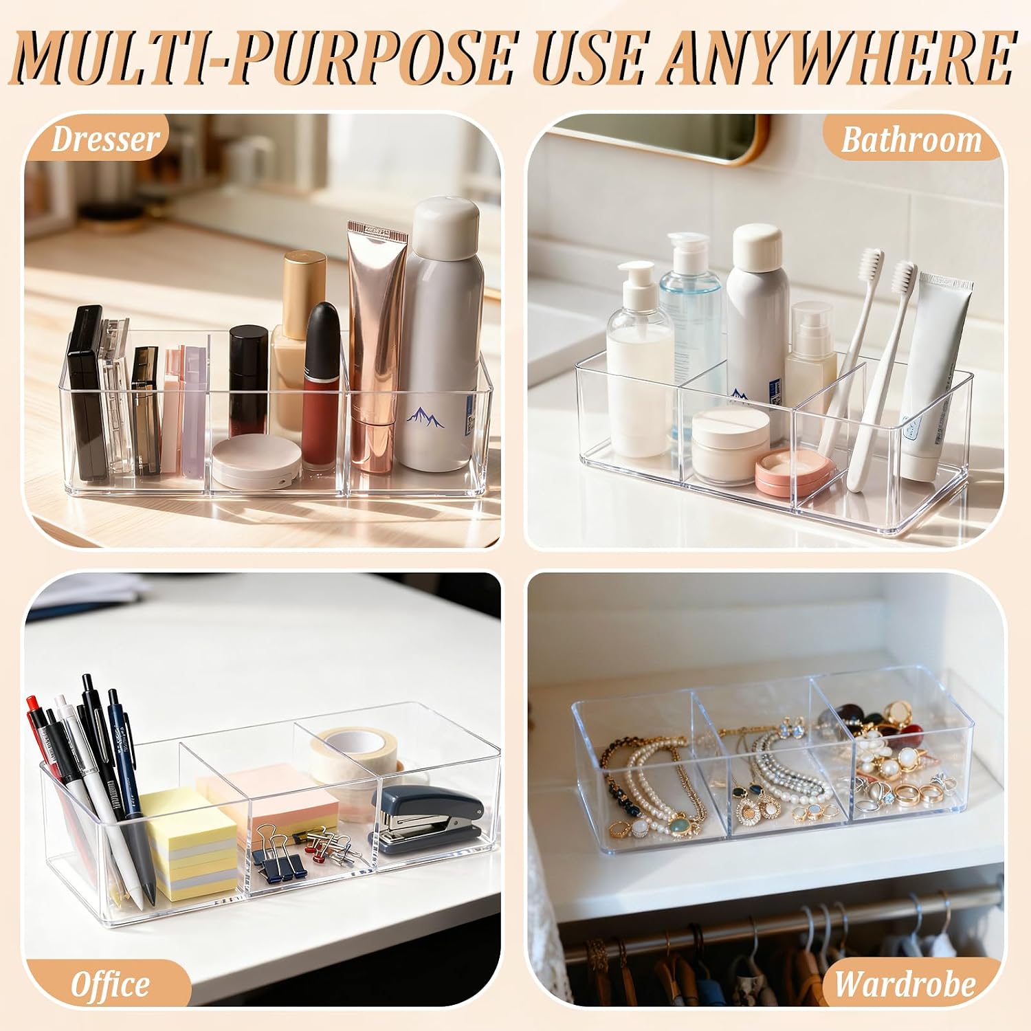 Acrylic Makeup Organizer, Clear 3-Section Makeup Drawer Organizer for Bathroom, Vanity & Countertop, Multi-Purpose Acrylic Drawer Organizer for Cosmetics, Skincare & Accessories