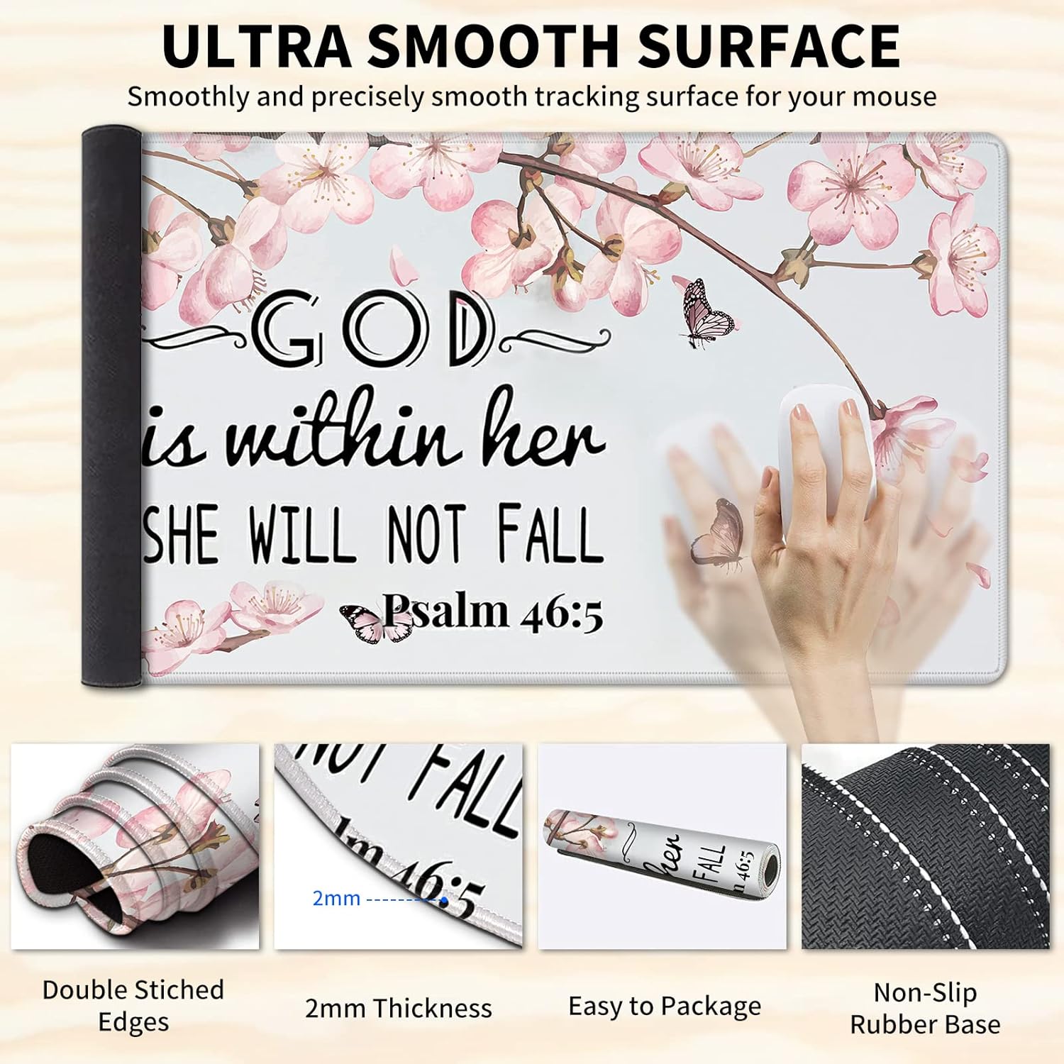 Gaming Mouse Pad Wrist Support & Desk Mat(35.4" x 15.7") & Keyboard Wrist Rest & Coasters 4 Pcs Set with Memory Foam Ergonomic Easy Typing Pain Relief - Cherry Blossom Psalm 46:5