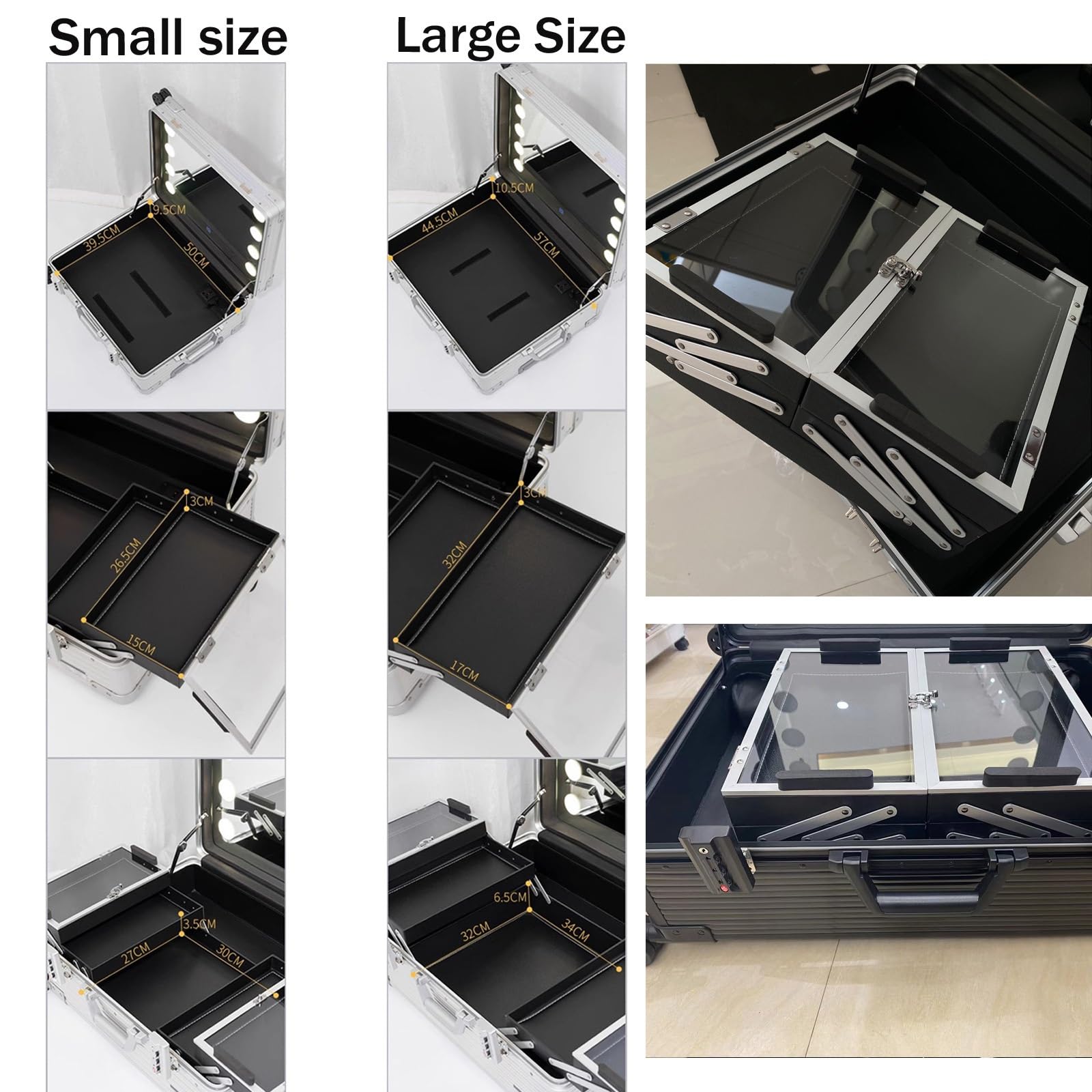 Aluminiowa kosmetyczka, z 4 kółkami na kółkach, 8 światełkami i lustrem, kosmetyczka na kosmetyki Wózek podróżny Kosmetyczka (czarny pasek) (Black Stripe 58X45X23cm)