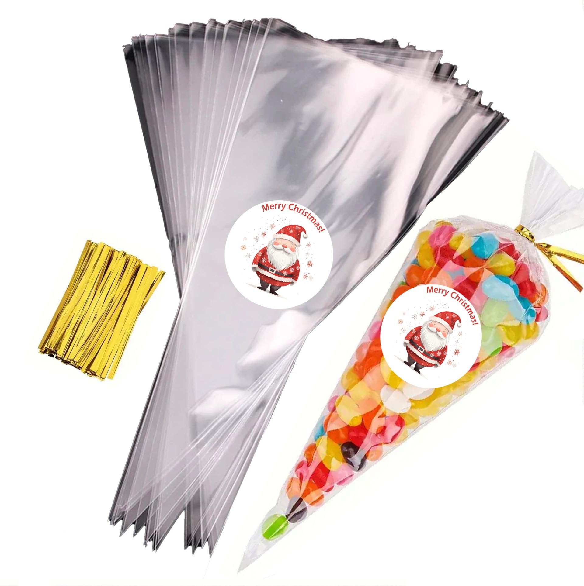 Sweet Cone Bags with Coloured Ties | Triangle Clear Cellophane Bags | Food Sweet Candy Popcorn Snacks | Brithday Baby Shower Fayres Events Festivals (Santa Red, 100 Set) โ image 1