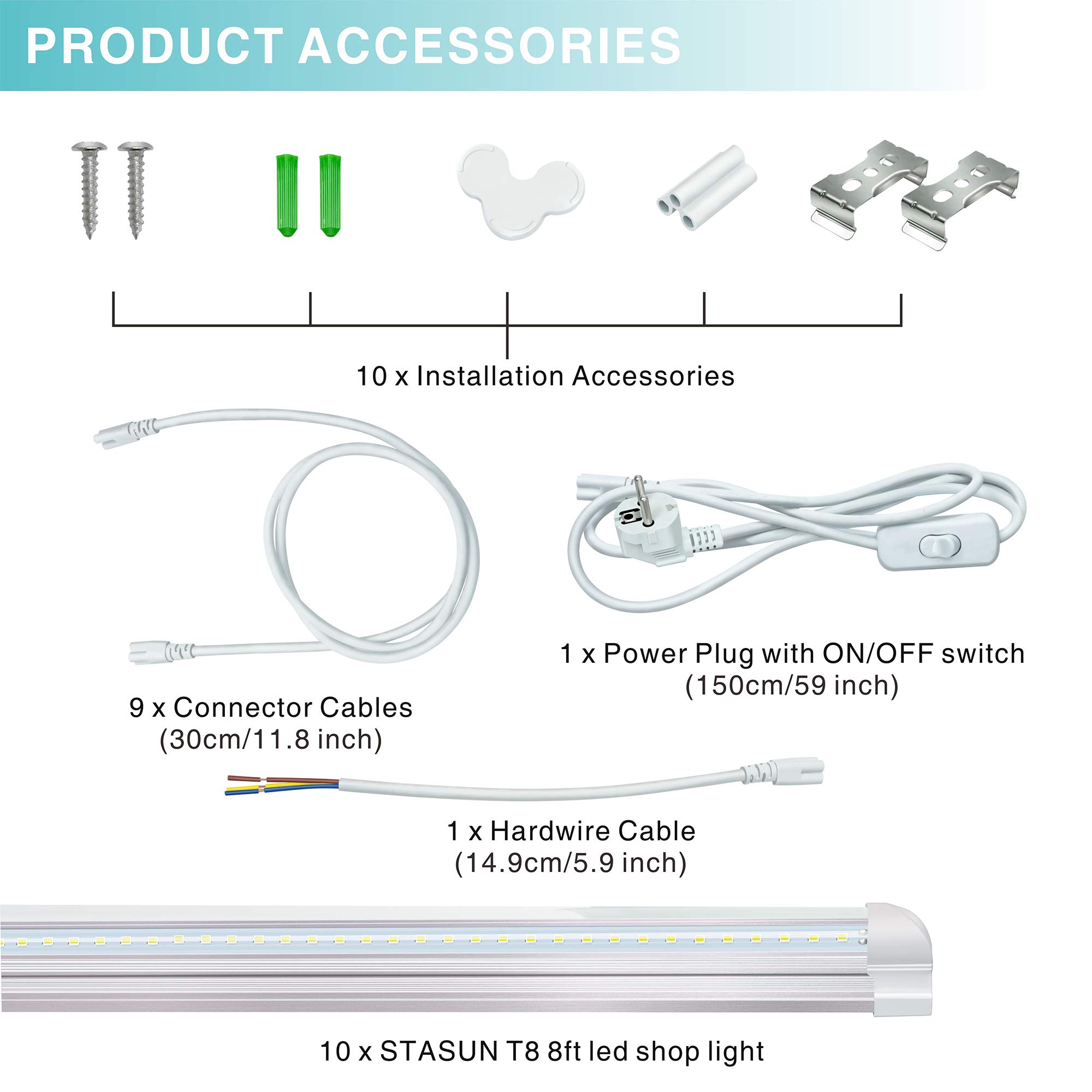STASUN 10er-Pack LED Feuchtraumleuchte 150cm, 40W 5200LM, Verknüpfbar Werkstattlampe,Bürobeleuchtung in Innenräumen, Deckenleuchte mit Stecker für Büros, Besprechungsräume, Lagerhallen,5000K