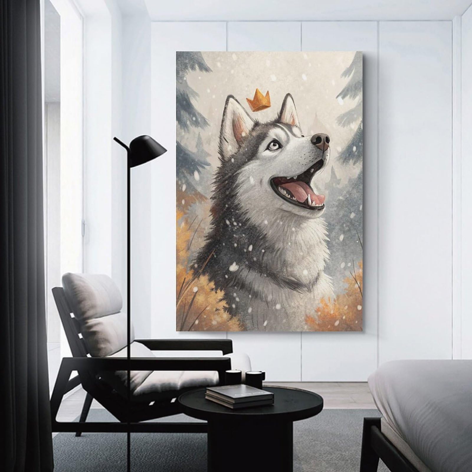 Junmoney Crowned Husky in Winter Forest Home Decor Wall Art, 20x30inch(50x75cm), for Wall Displays, Bedrooms Or Room Updates, Ideal for Building A Coordinated Art Wall