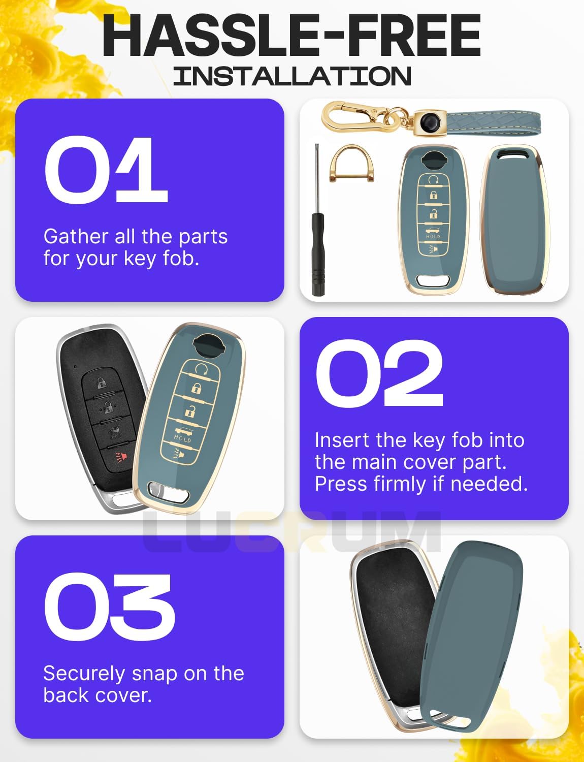 Lucrum Compatible with Nissan Key Fob Cover & Leather Keychain | Fits Pathfinder Rogue Sentra Versa Patrol Armada, 5 Buttons Keyfob Case (2023-2026) - Blue and Gold