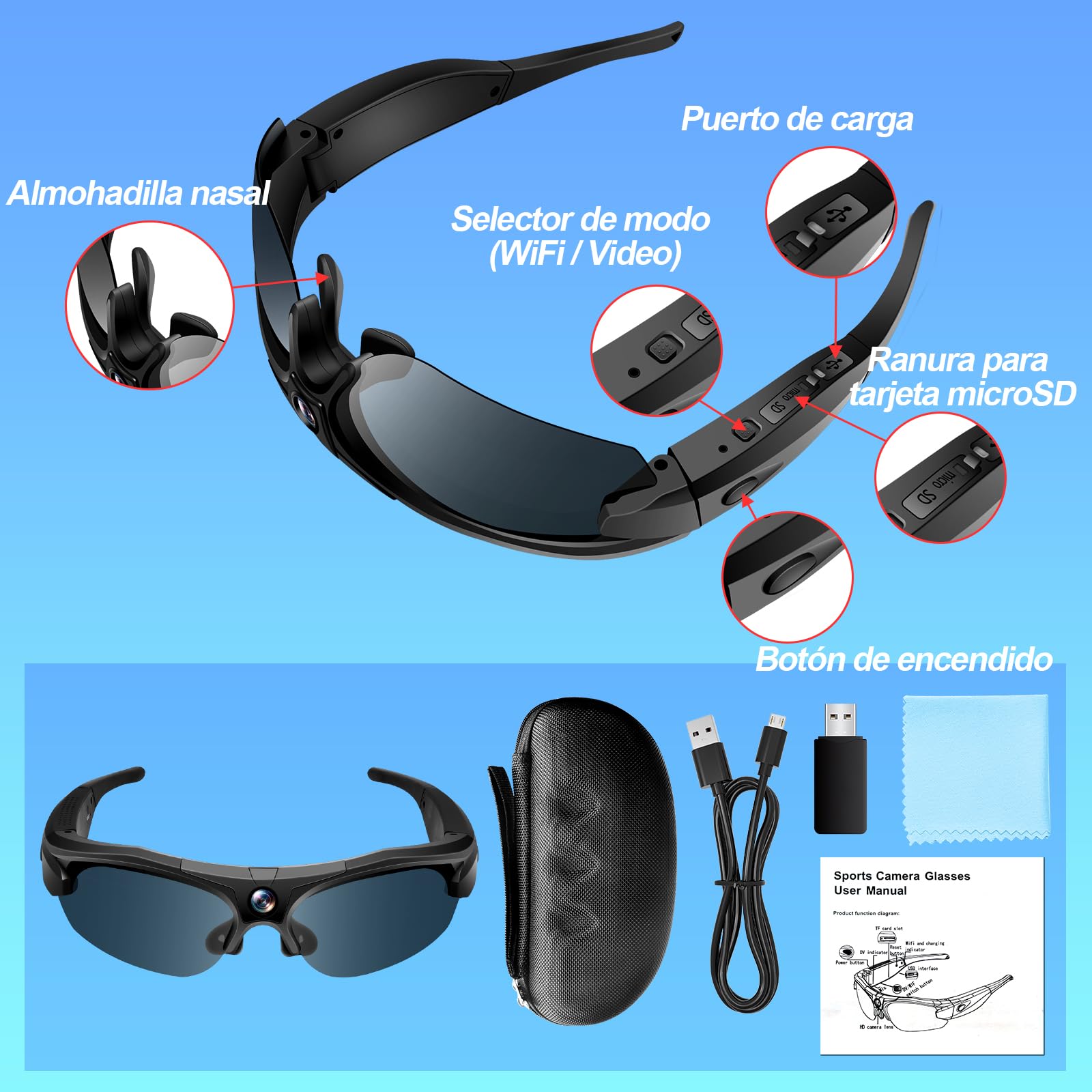 TANGMI Gafas Inteligentes con Camara, 1080P HD & Gran Angular 120° Gafas con Camara WiFi, 2 Horas de Grabación & WiFi Camara Deportiva Moto para Ciclismo, Esquí y Deportes al Aire Libre