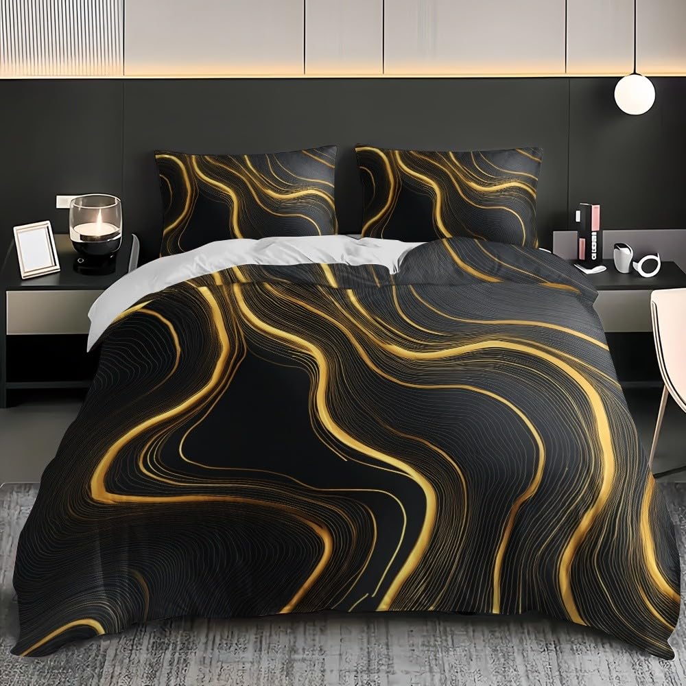 Zestaw poszewek na kołdrę 220x220 cm czarno-złoty 3 sztuki, nadruk 3D