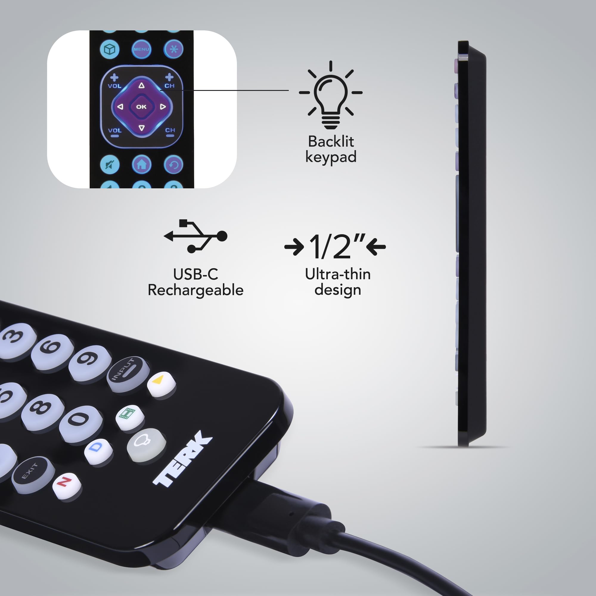 TERK Télécommande universelle rechargeable, 4 appareils avec chargement USB-C, clavier rétroéclairé, infrarouge longue portée, compatible avec TV, lecteurs de streaming, décodeurs de câble, Roku, Fire