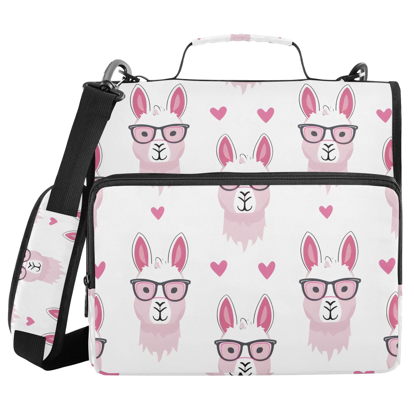 Funny Llamas Pink Glasses Zipper Binder Bag 3 Ring Binder with Shoulder Strap Zip Up 500 Sheets Capacity Multi Pockets for School Office Supplies