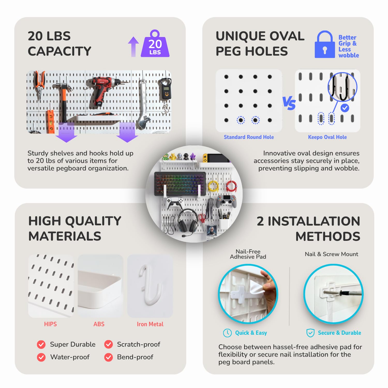 Keepo Kit combinato per pannello forato, organizer modulare da appendere, accessori per configurazione di gioco, supporto per controller e cuffie (bianco)