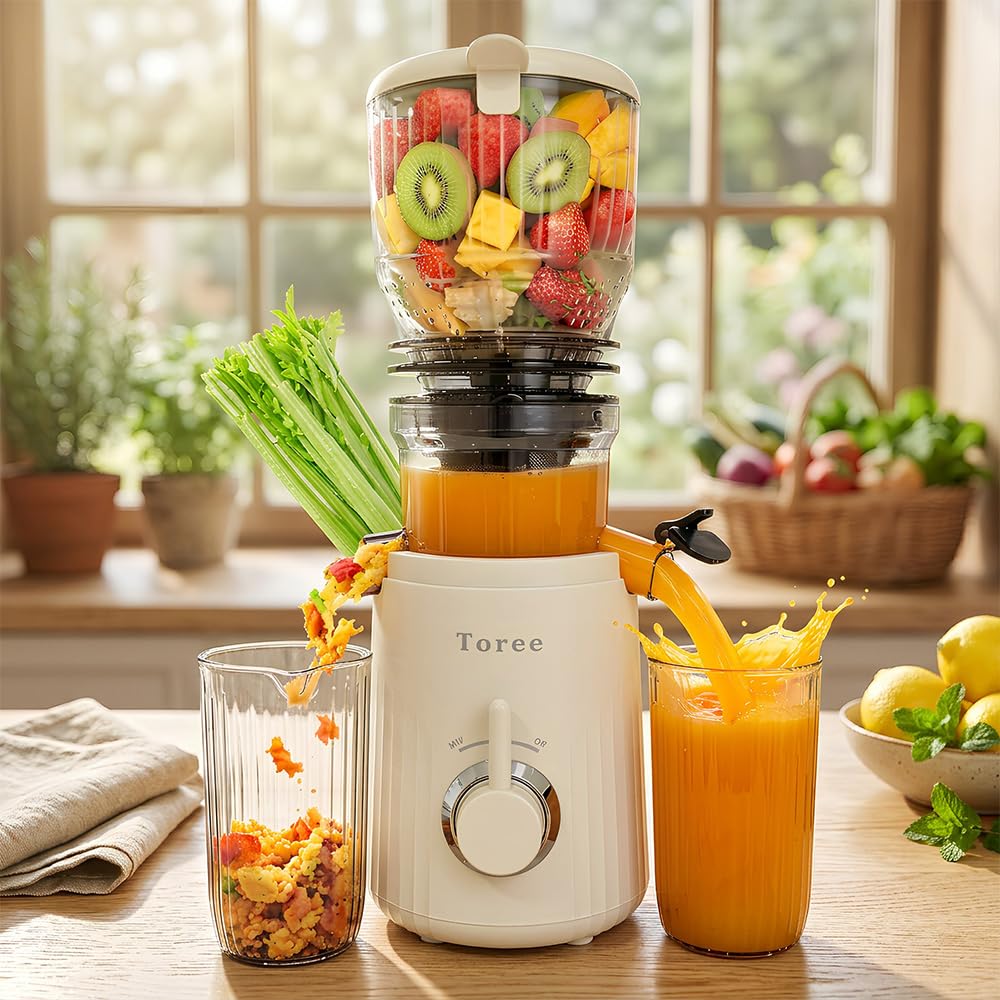 Toree Juicer Machine, 105 mm Feed Chute Slow Cold Press Juicer for Fruits, Vegetables, Nut/coconut milk, sorbet, Easy to Clean, 200W motor-heavy duty -1 Year free Replacement warranty-White-image-24