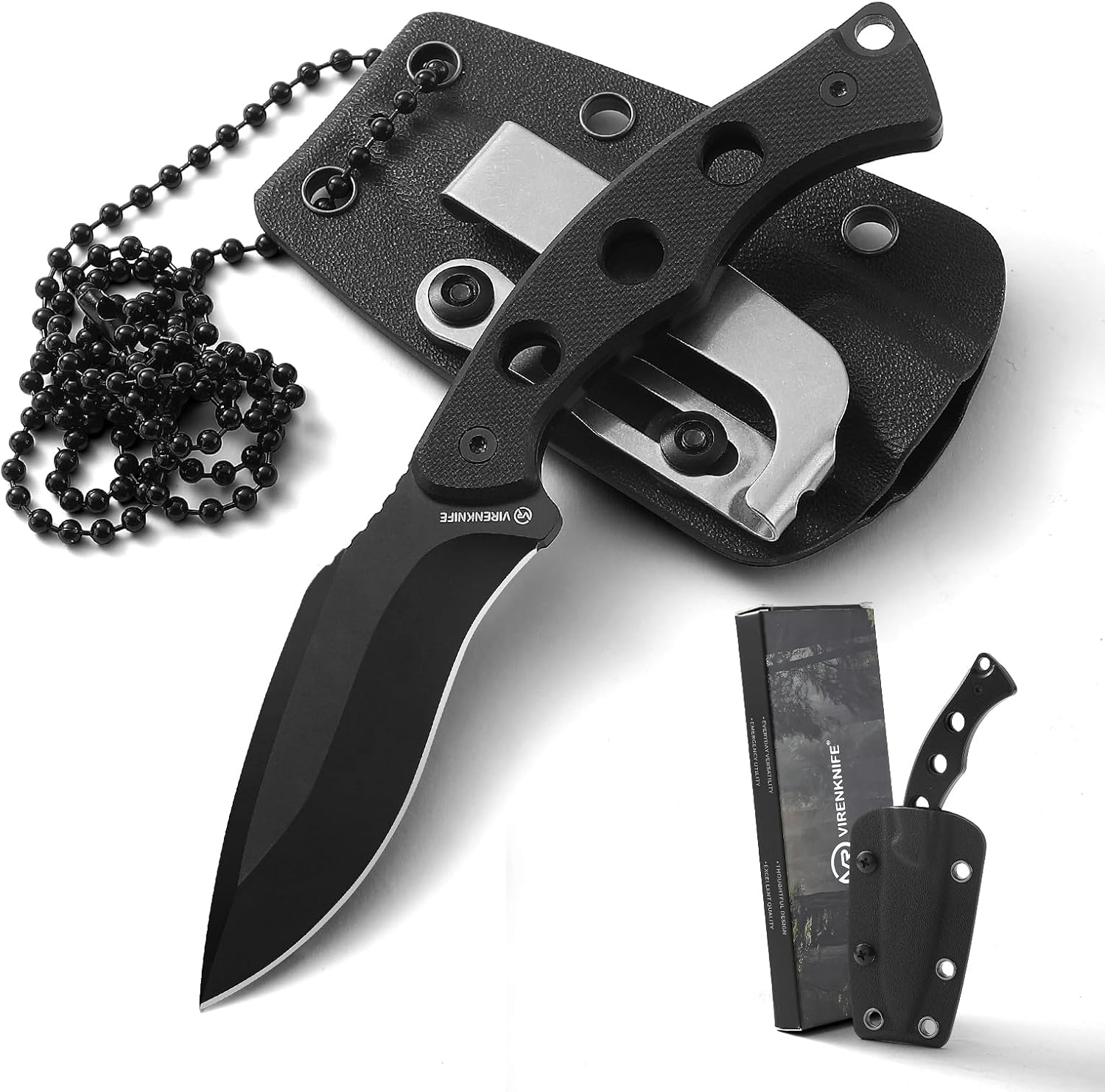 VIRENKNIFE Small Fastened Blade Knife with Belt Clip,6.22″ Neck Knife with G10 Deal with and Kydex Sheath,Full Tang Utility Field Cutter,Preferrred Reward for Males and Ladies