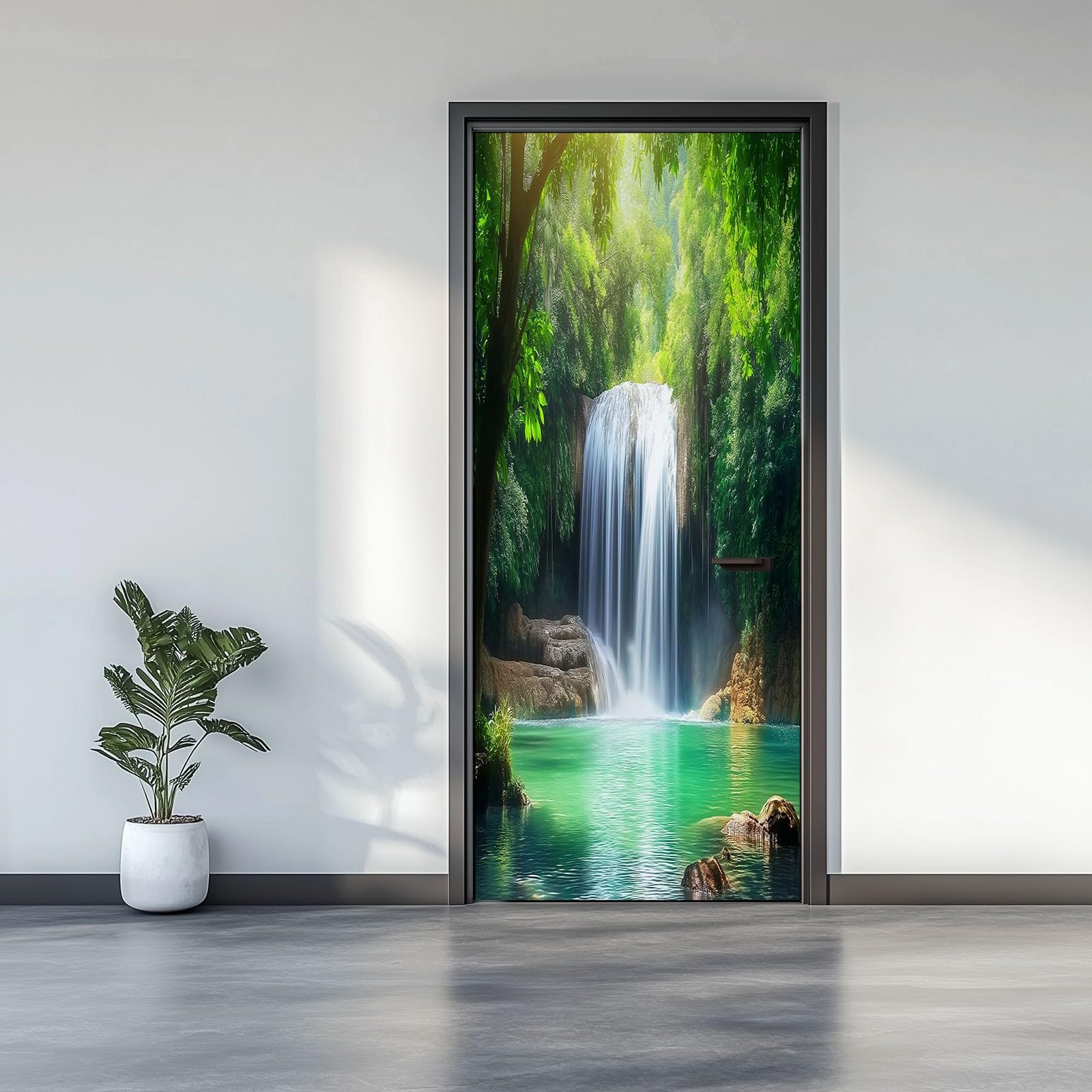 3D Door Stickers Murals Forest Waterfall Plants Creative Self Adhesive Sticker Decal Art, Jungle Landscape Decor Removable Waterproof Mural Poster Scene Window Door Room Nursery 95 x 215 cm