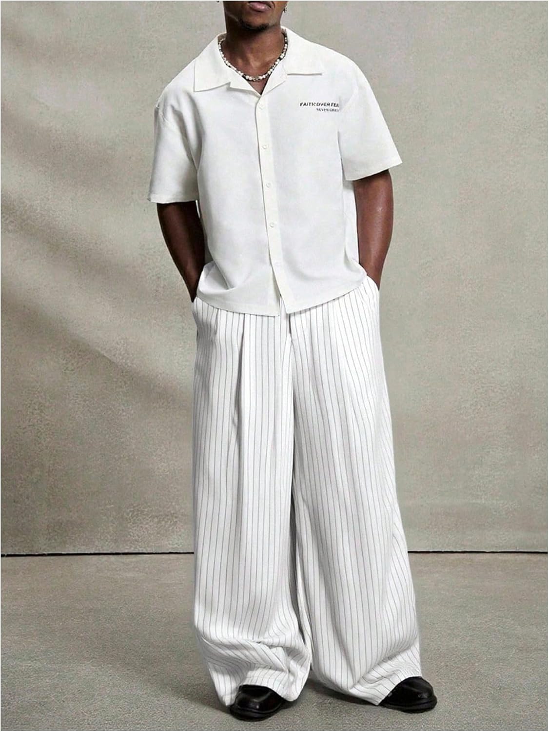 OYOANGLE Men's Striped Wide Leg Pleated Pants Zipper Fly Baggy Dress Trousers Streetwear - Image 5