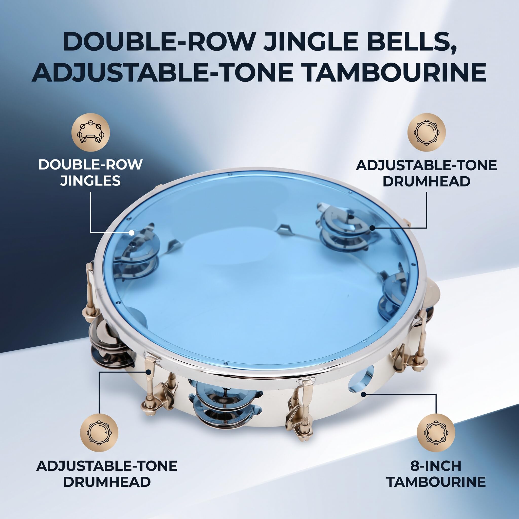 Tone Réglable Tamburin avec Jingle Bells à Double Rangée | Instrument de Percussion à Tambour Main le Poteau 8in | Idéal pour les Débutants | Abs + Construction en Métal (BLUE)