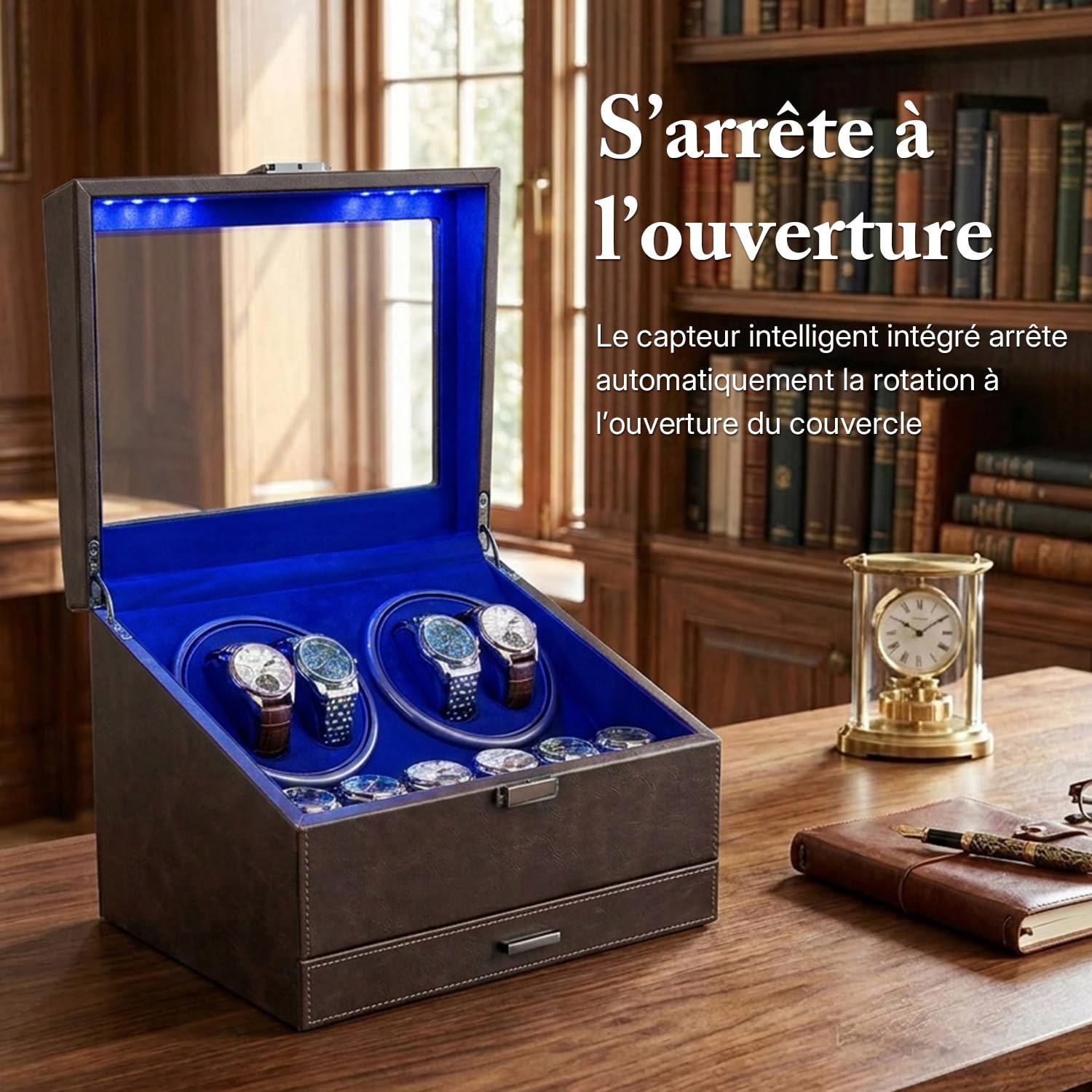 Mcbazel Remontoir Automatique pour 4 Montres avec 6 Compartiments | Éclairage d'Ambiance LED Bleu, Moteur Ultra-Silencieux, 4 Modes de Rotation, Fonction d'Arrêt Intelligent à l'Ouverture