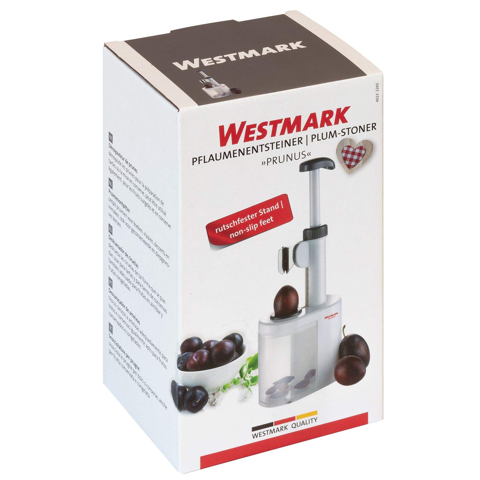 Westmark Deshuesador de ciruelas, Para ciruelas deshuesadas listas para cocinar, Altura: 26,5 cm, Hoja de plástico / acero inoxidable, Prunus, Blanco / antracita, 40232260