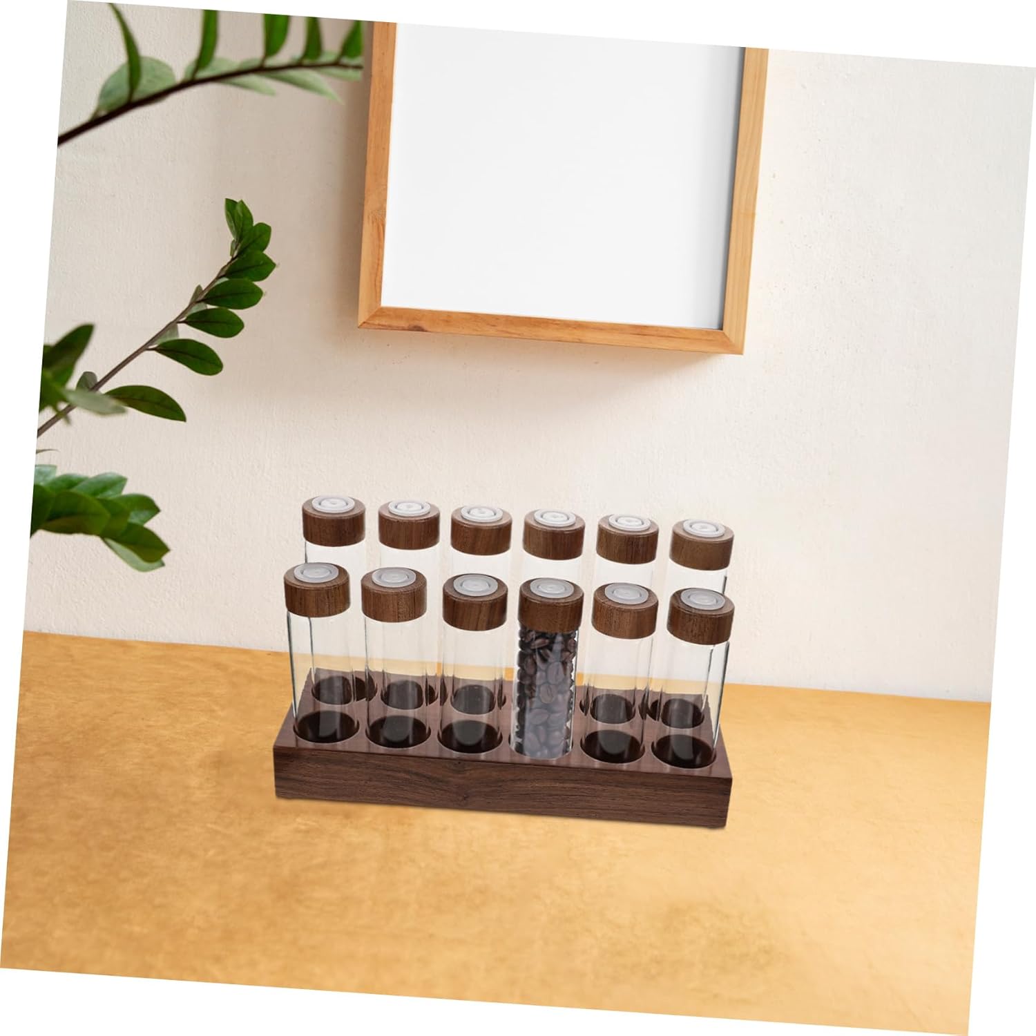 Garneck Airtight Coffee Jar Bean Storage Wooden Holder Single Dose Storage Bean Container Glass Vials