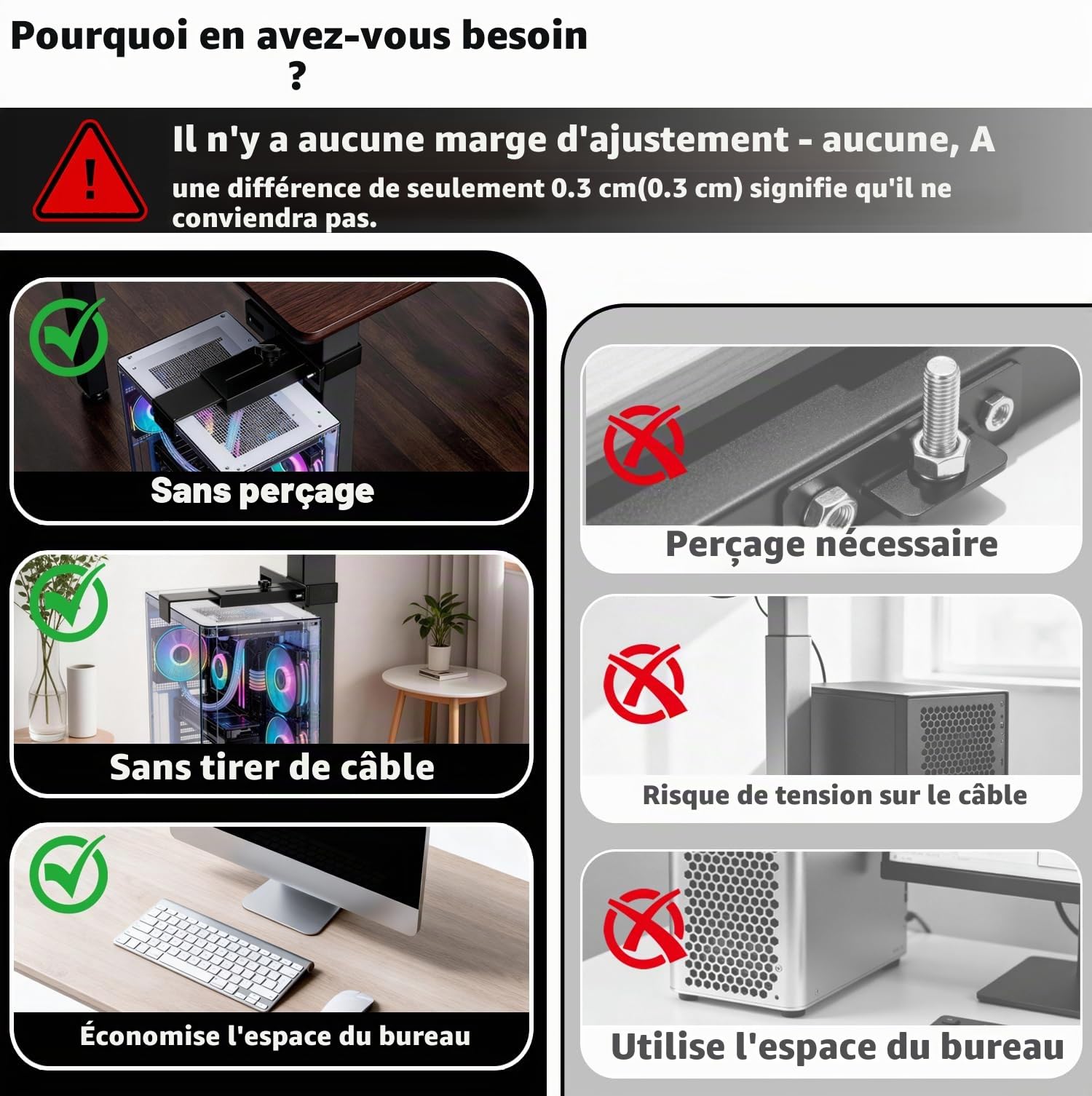 Support PC sous Bureau,Support pour PC Robuste de 20 Kg, Excellente Circulation de L’Air,pour Boîtier Ordinateur(Applicable Uniquement Aux Pieds de Table Mesurant 65 Mm X 45 Mm), Noir