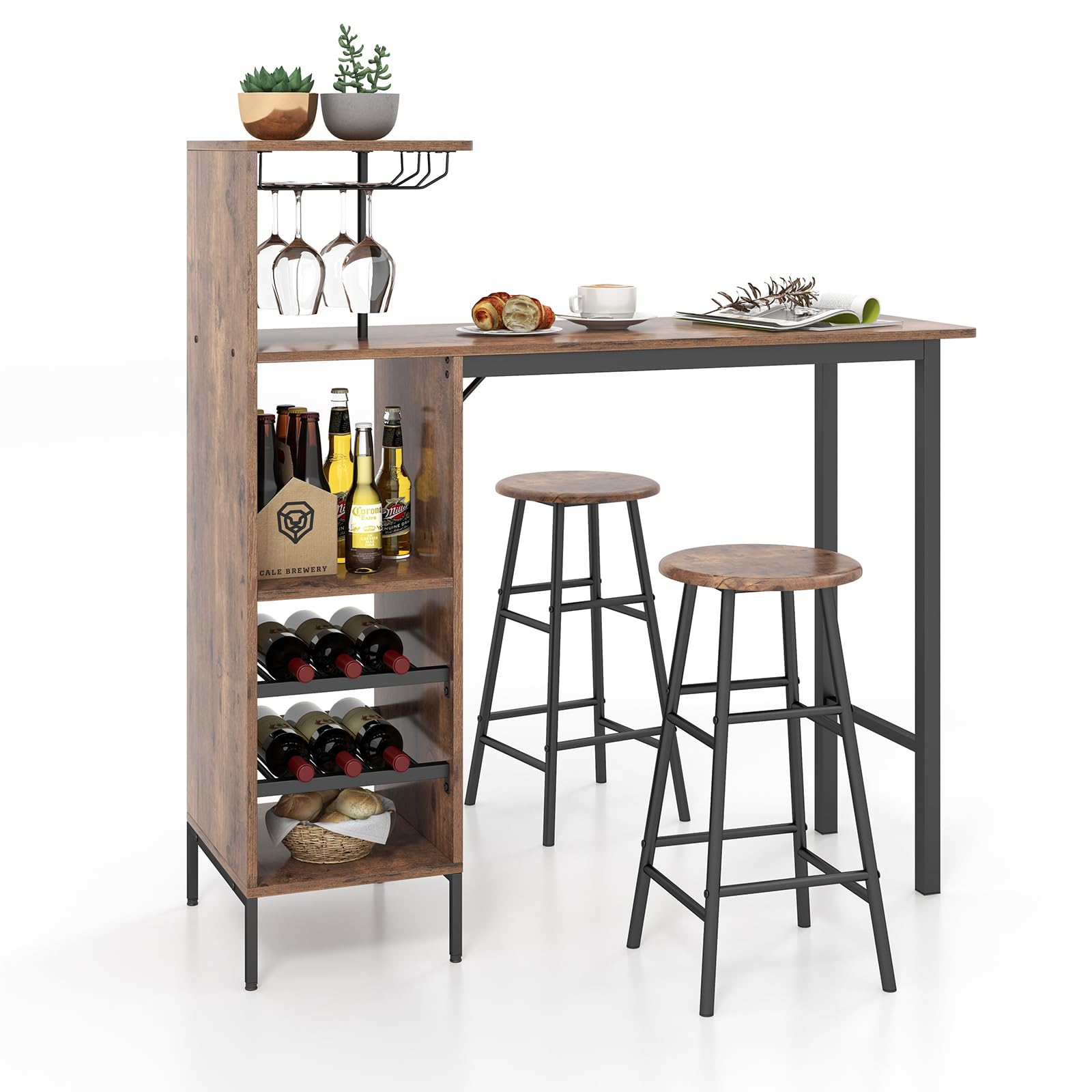 COSTWAY Bartisch mit Barhocker Set, 2 Personen Bartisch Set mit Halterungen für Weingläser und Flaschen, Küchentheke für Wohnzimmer, Esszimmer und Küche (Kaffee)