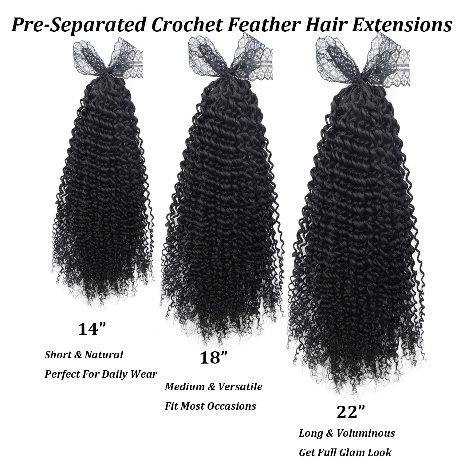 14 Inch Knotless Pre-Separated Crochet Feather Hair Extensions, Afro Curly Natural Black Real Human Hair, Invisible No Damage Reusable Hair for Women (Afro curly 1B, 14inch 60g)