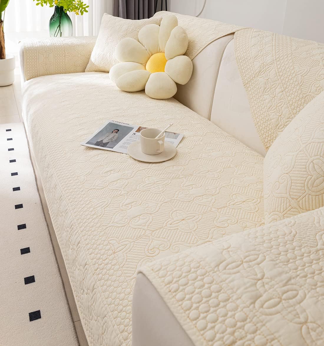 XSlive Farmhouse Couch Cover Solid Color Neutral Sofa Cover