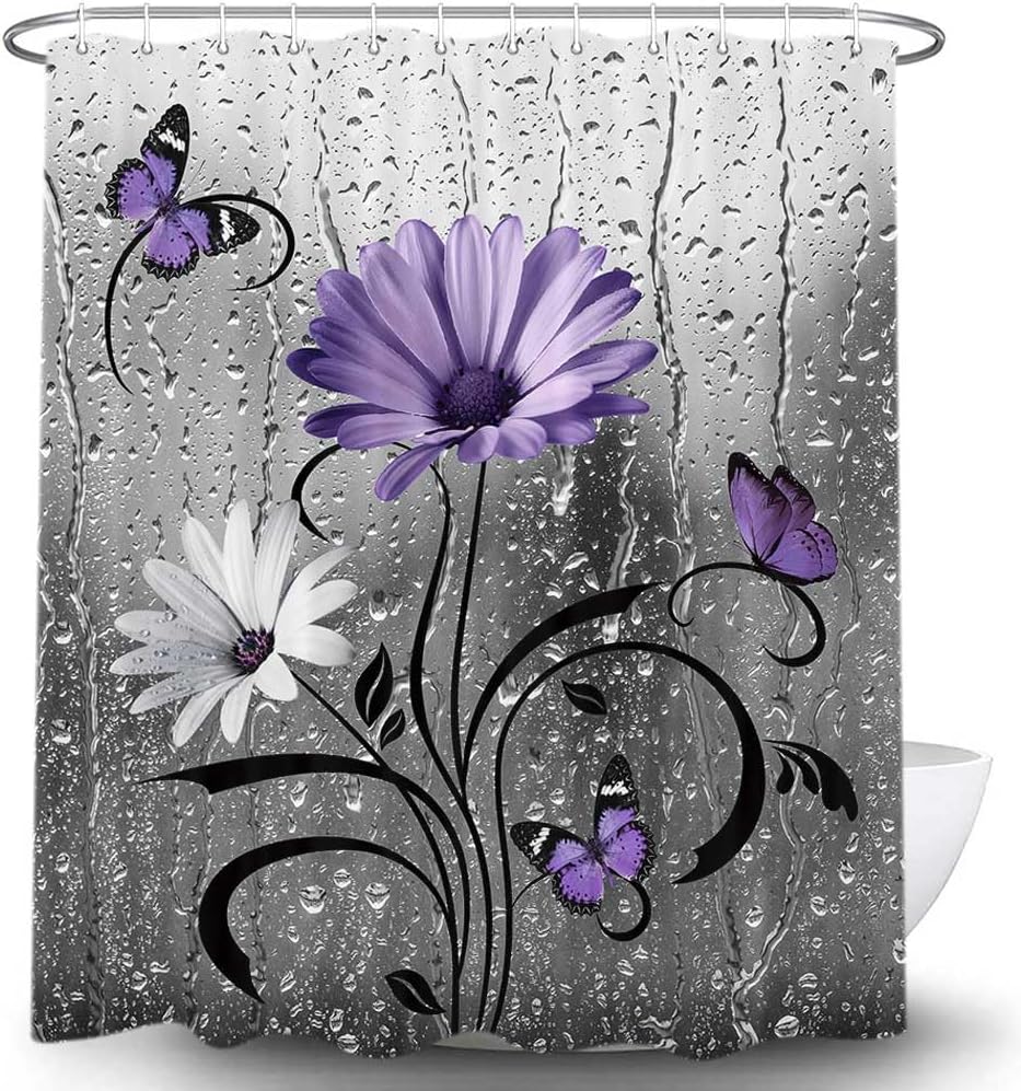 Rustic Purple Floral Boho Shower Curtain, Country Farmhouse Daisy Flowers and Butterfly Shower Curtain for Bathroom, Grey Gray Violet Surreal Floral Bathroom Curtain with 12PCS Hooks, 70X84IN