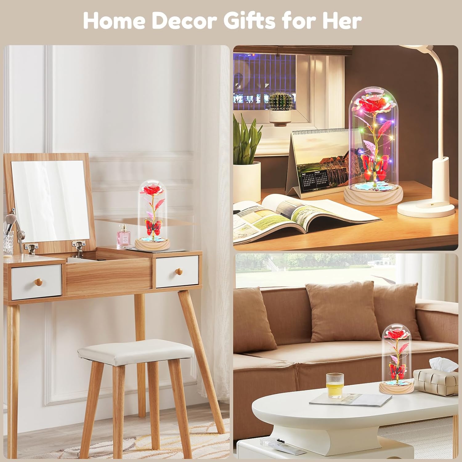 Otlonpe Preserved Forever Valentines Day Flower Gifts for Her, Glass Rose Wood Base Colored Light Butterfly Gifts for Women Mom Grandma Girlfriend Wife, Valentines Mothers Day Christmas Birthday Gift - Image 4