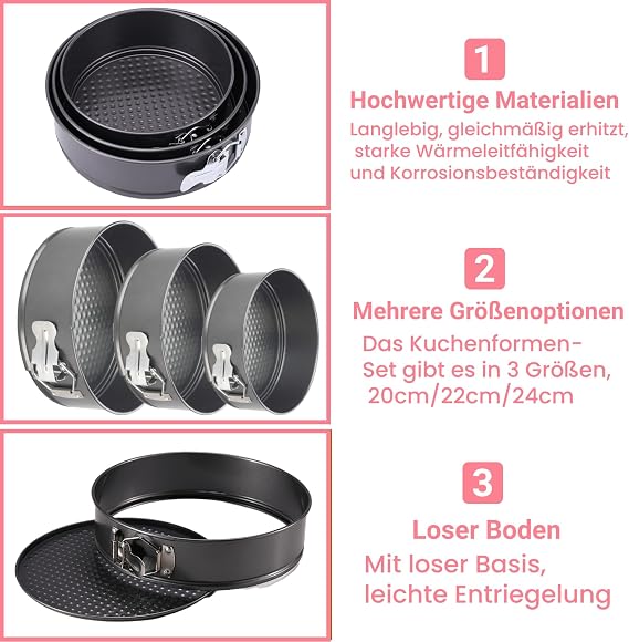 Baking Set of 3 (18cm/20cm/22cm) Spring Cake Pan for Cheesecake, Non-Stick Feather Baking Tray with Loose Base, Leakproof Cheesecake Mould,