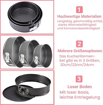 Baking Set of 3 (18cm/20cm/22cm) Spring Cake Pan for Cheesecake, Non-Stick Feather Baking Tray with Loose Base, Leakproof Cheesecake Mould,