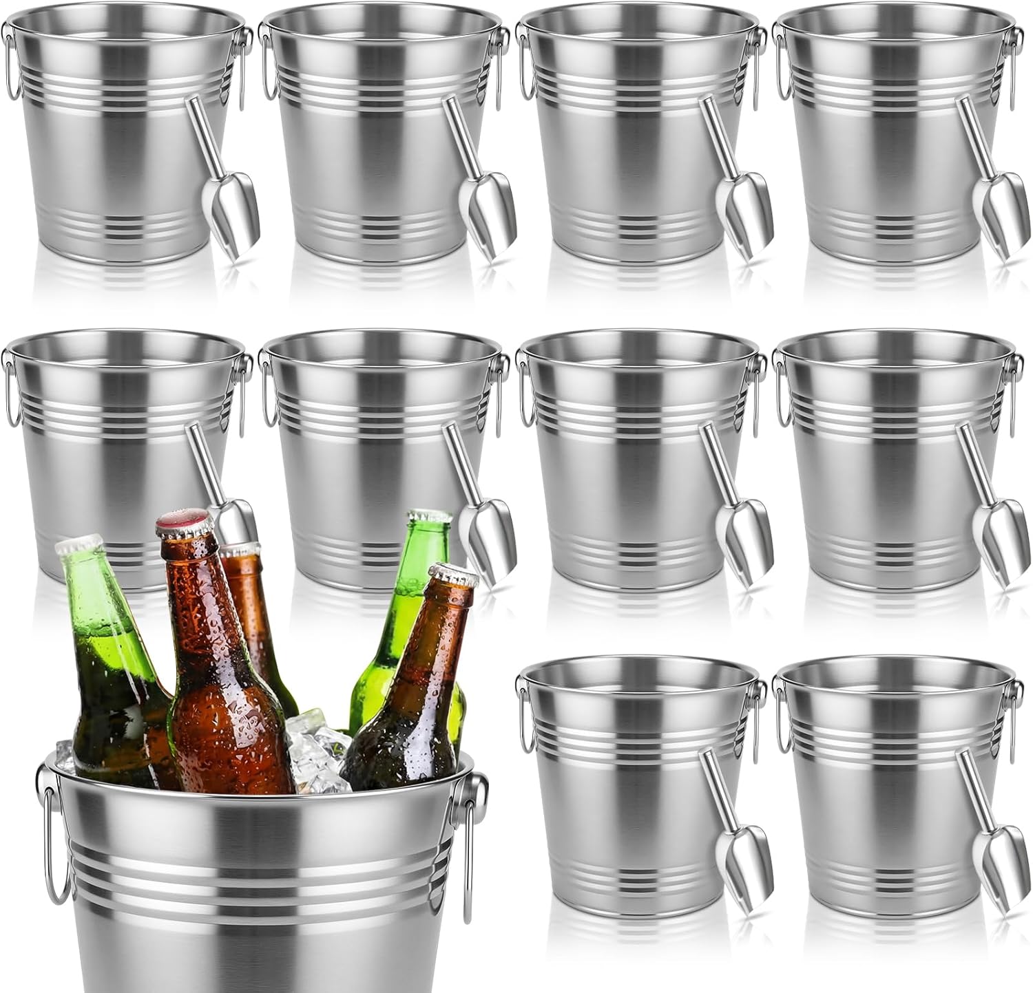 meekoo 10 Set 5.3 QT / 5 L Ice Bucket with Scoop Bulk, Stainless Steel Champagne Ice Bucket for Parties Insulated Wine Chiller Buckets with Handle to Keep Frozen Longer, Ideal for Cocktail Bar Wine