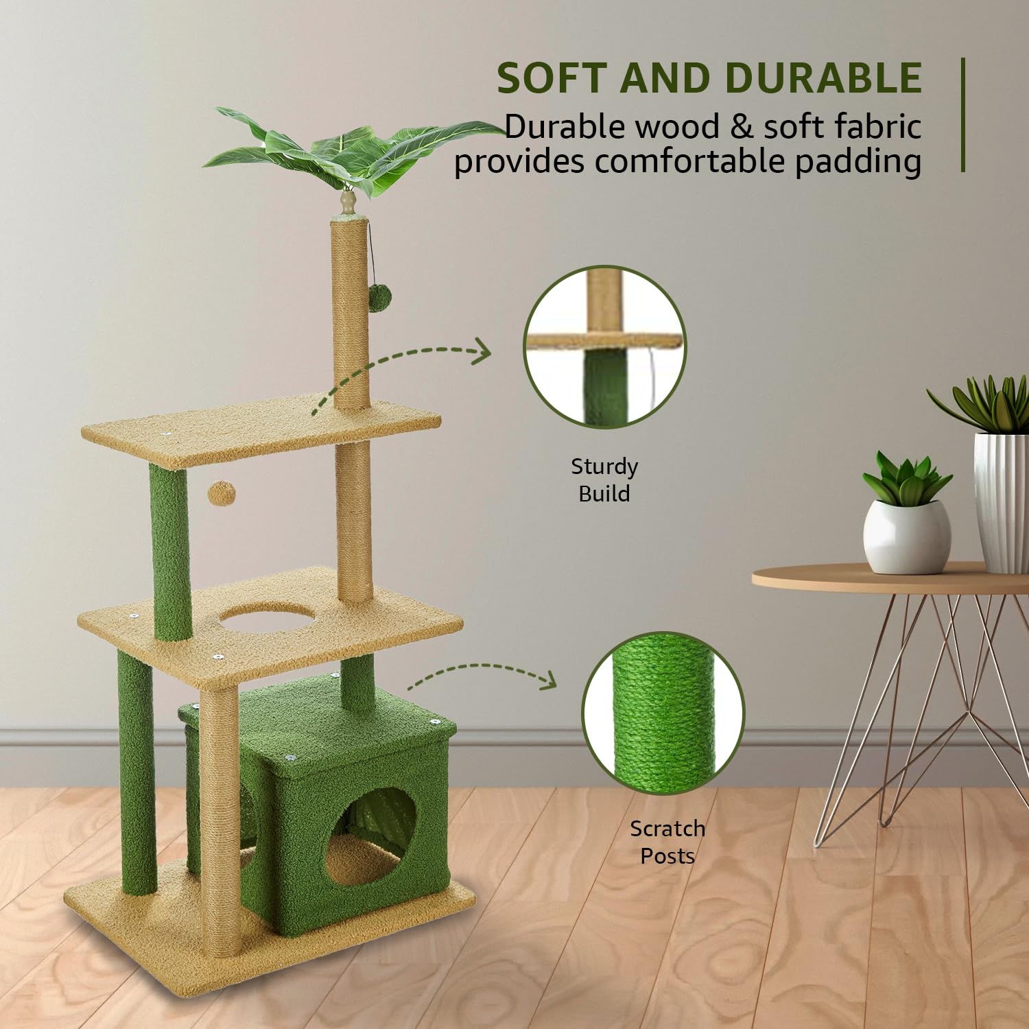 Amazon Basics Premium Imported Garden Theme Cat Tree | XL | with Cat Home, Jumping Platform, Scratching Posts and Tree Leaves