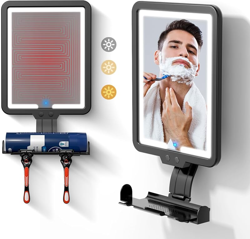 Espelho de banho aquecido Junyaoxuan com iluminação LED, bandeja e suporte para barbeador