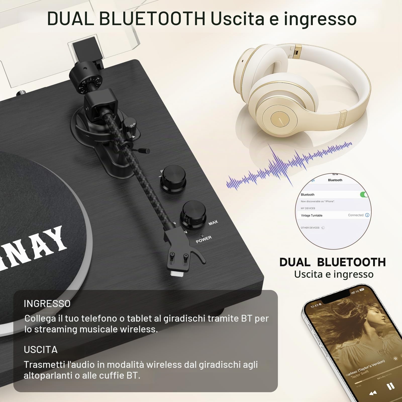 Trynnay Giradischi, Lettore con Contrappeso Regolabile, Bluetooth In/Out, 33/45 RPM, Riproduce Dischi in Vinile da 7/10/12 Pollici, Suono Hi-Fi per gli Appassionati di Musica, Nero