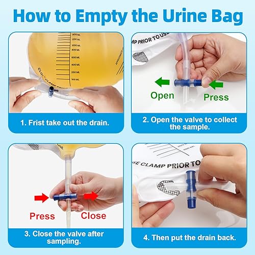 Miniatura 6 de Bolsas de drenaje urinario 2000ML con 6 piezas, bolsas de catéter con válvula antirreflujo, bolsas de orina con tubo de drenaje, clip y gancho para