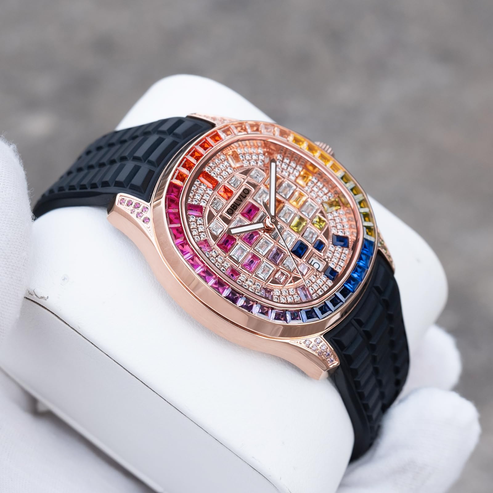 OBLVLO Orologio automatico con quadrante impreziosito da cristalli di lusso, display della data, lunetta in pietra baguette, cinturino in gomma FM-DSL